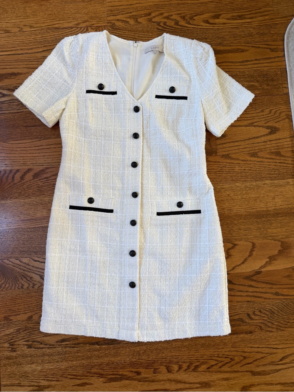 LOFT Cream Tweed Mini Dress with Black Trim and Buttons Never Worn